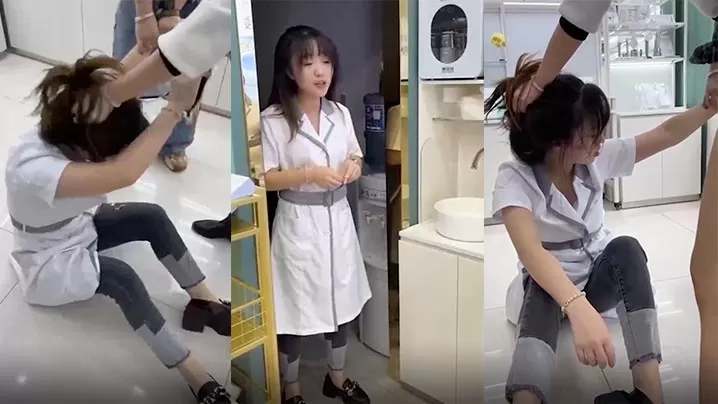 化妆品店小三被扒衣露奶，骑身狂揍，骚货还挺漂亮